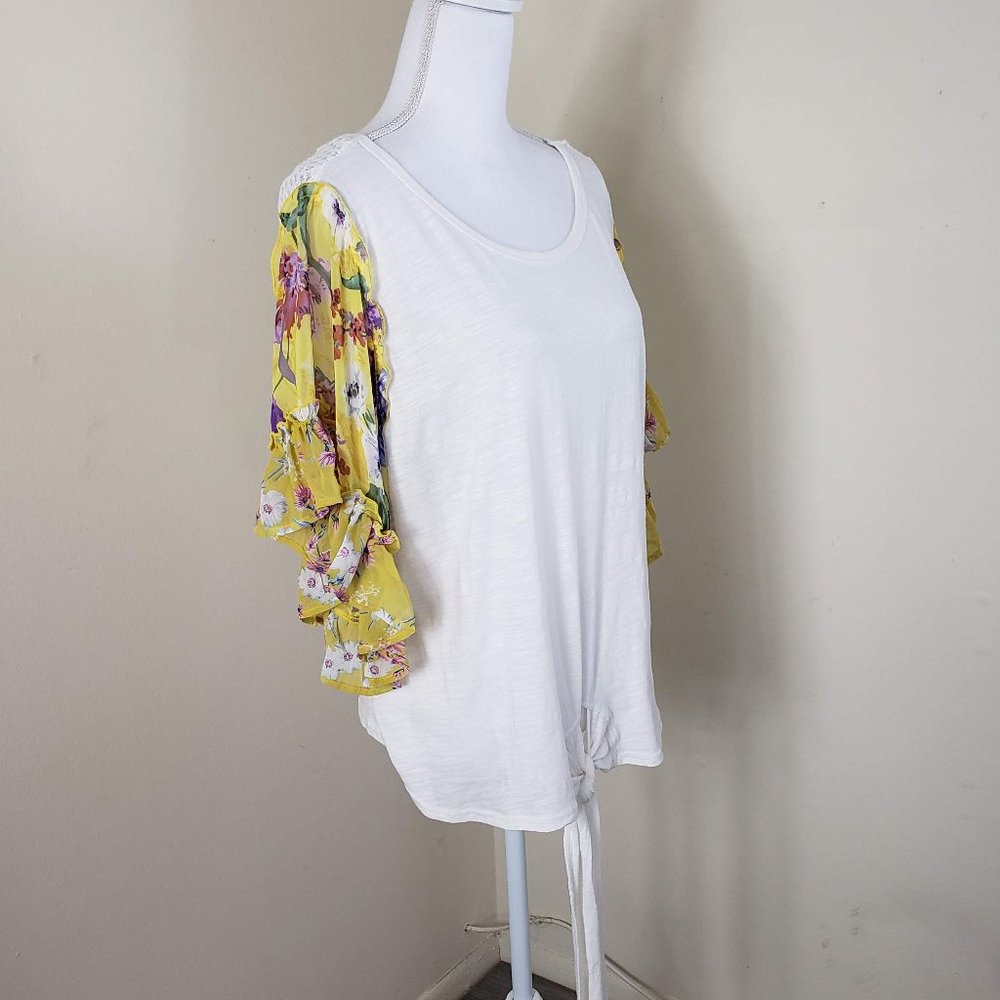 Umgee Knit Ruffle Sleeve Front Tie Top White Large - Picture 2 of 12